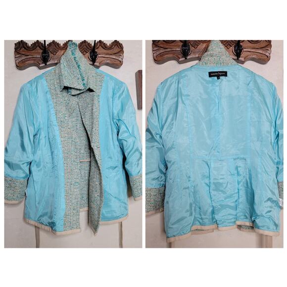 VTG Nanette Lepore Tweed 3/4 Sleeve Turquoise Fringe Jacket Blazer Belt Y2K✨️12 - Picture 11 of 16